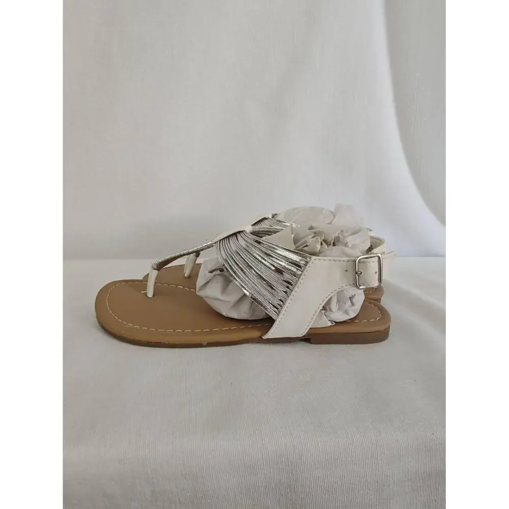 Mia Kids Sandals Harlow While Silver Metallic Thong T-Strap Flats Girls Youth‎ 1